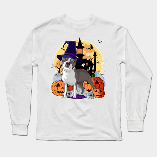 Boston Terrier Scary Halloween Witch Pumpkin Long Sleeve T-Shirt by Noseking